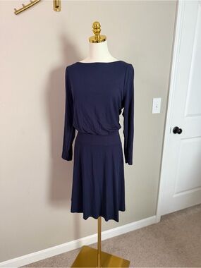 Boden Navy Long Sleeve Jersey Midi Dress Bateau Neck Blouson Waist UK14R US10